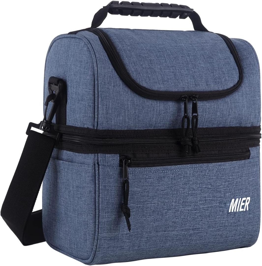 MIER 2 Compartment Lunch Bag for Men Women, Leakproof Insulated Cooler Bag for Work, Bluesteel, Medium