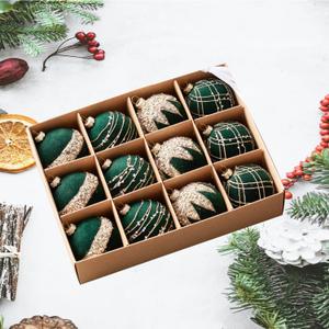 Velvet Christmas Ball Ornaments,Hand Flocking Diamond Setting Shatterproof Tree Decorations, Holiday Wedding Party 12 Pack (Green)
