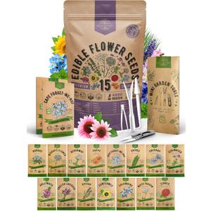 Organo Republic 15 Edible Flower Seeds Variety Pack- Indoor/Outdoor. 4800+ Non-GMO Heirloom Flower: Borage, Bishop's Flower, Chicory, Chives, Hyssop, Echinacea, Lavender Seeds & More