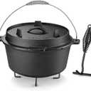 Velaze 10QT Camping Dutch Oven, Pre-Seasoned Cast Iron Camp Dutch Oven Pot with Lid, for Use in the Oven, on the Stove, Grill, or over the Campfire - Metal Handle, Lid Lifter, and Stand Support