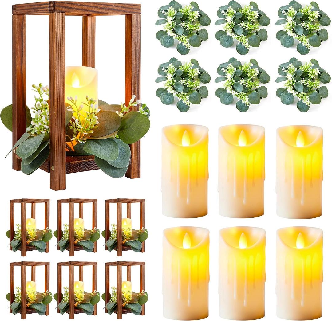6 Set/18 Pcs Wooden Wedding Lantern Centerpiece Include 6 Wooden Lantern Candle Holder 6 Flameless LED Candle 6 Eucalyptus Leaves Wreath for Centerpieces Wedding Table Party Farmhouse Decor