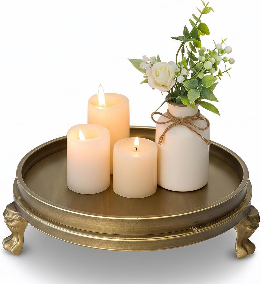 Brass Color Decorative Tray, 11.8-Inch Round Serving Tray with Claw Feet for Coffee Table, Dining Room, Entryway, Living Room (Aged Bronze)