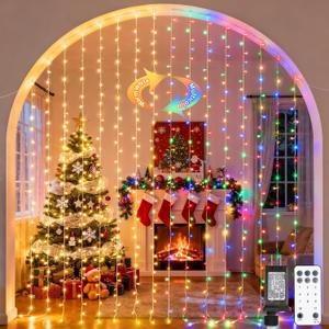 JMEXSUSS 300LED Dual Color Changing Curtain Lights with Remote, 9.8 x 9.8ft Connectable Plug in Christmas String Lights for Bedroom Backdrop Outdoor Decor, Warm White to Multicolor