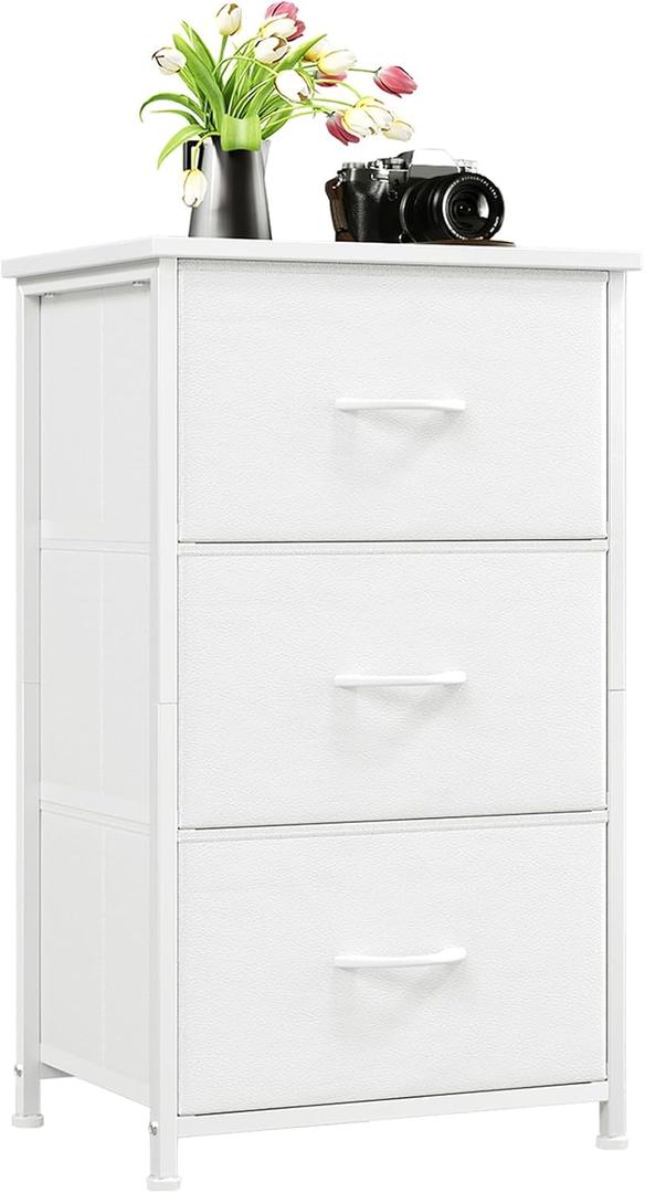 Somdot Dresser for Bedroom with 3 Drawers, Storage Organizer Chest of Drawers with Removable Fabric Bins for Closet Bedside Living Room Laundry Entryway Hallway, White Leather, 11.8"D x 16.5"W x 28.1"H