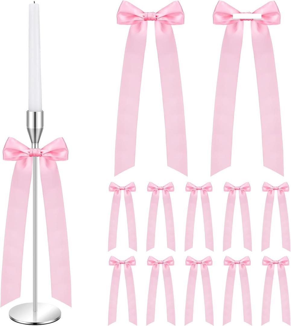 12 Pcs Pink Candlestick Bows Decor 13 Inch Large Coquette Decorations Bows for Table Self Adhesive Candle Holder Gift Wrapping Wedding Bridal Shower Bachelorette Party Centerpieces