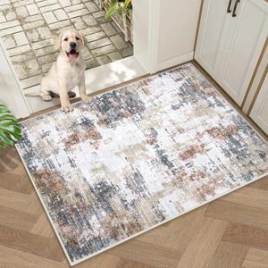 Area Rug 2x3 Washable Rug, Modern Abstract Entryway Rug Non-Slip Soft Small Area Rug Stain Resistant Throw Rugs for Entryway, Kitchen, Door Mat Indoor Entrance, Laundry(Ivory Brown,2'x3')