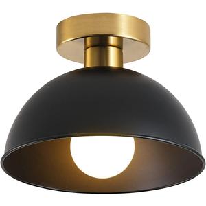 Industrial Semi Flush Mount Ceiling Light with Gold Plate and Matte Black Shade, Farmhouse Ceiling Light Fixture for Kitchen Island Dining Room Foyer Hallway Porch Barn Loft10in (Black)