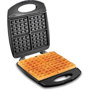 Hamilton Beach Non-Stick Belgian Waffle Maker with Indicator Lights, Makes 4 4" x 5" Mini Waffles, Hashbrowns or Keto Chaffles at Once, Compact Design for Easy Storage, Black & Stainless Steel (26020)