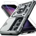 Janmitta Compatible with Samsung Galaxy S25 Plus/S24 Plus Case Built in Slide Camera Lens Cover+Screen Protector+Finger Ring Holder Kickstand,Heavy Duty Shockproof Full Body Phone Cover,Silver