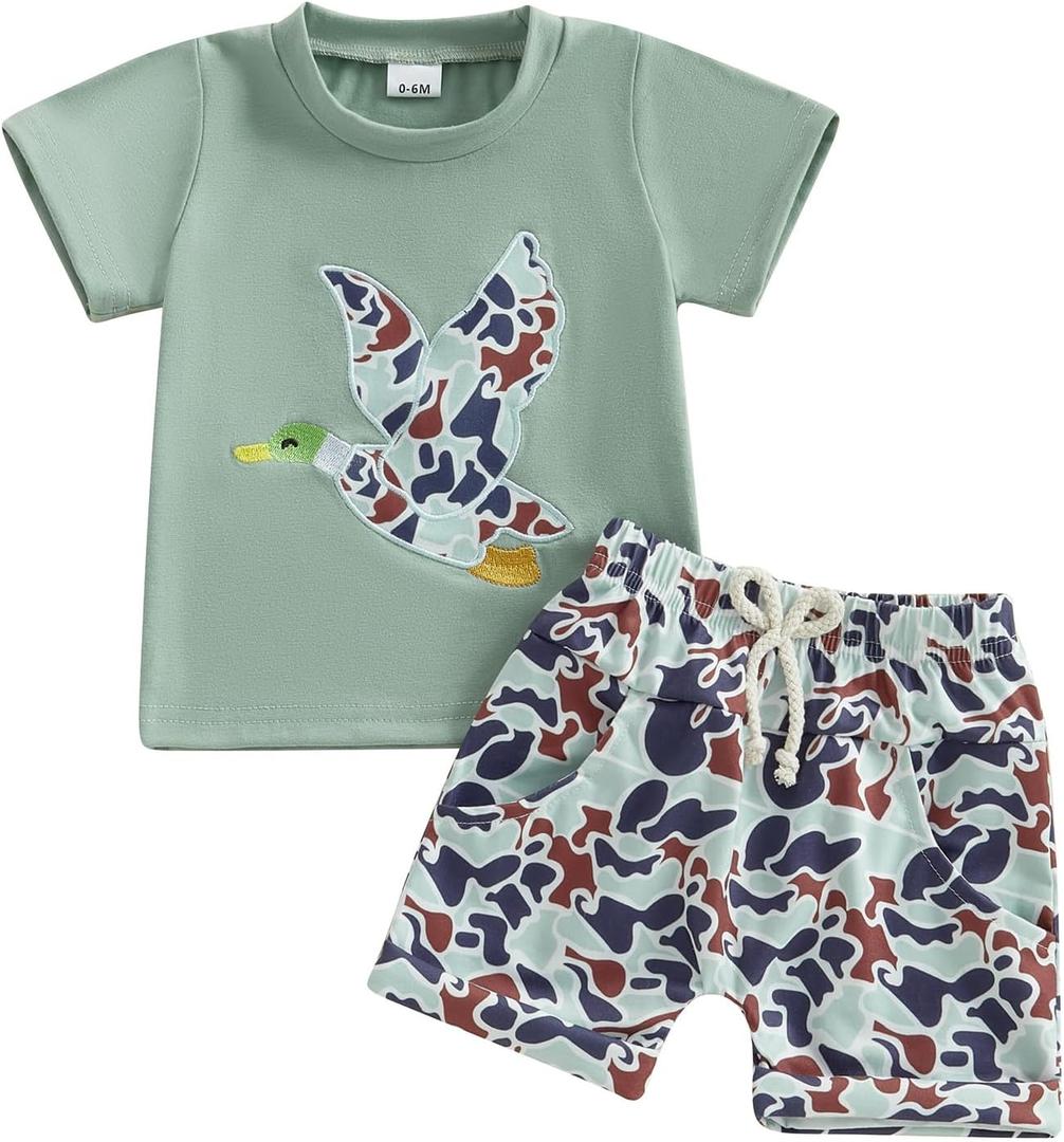 Toddler Baby Boy Hunting Clothes Mallard Duck Embroidery Short Sleeve T-Shirt Camouflage Shorts Set Summer Outfit (Green)