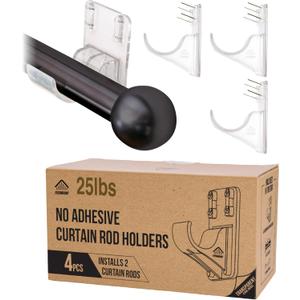 No Adhesive Heavy Duty Curtain Rod Holders with Wide Hook, 5X Stronger Than Adhesive Curtain Rod Hooks,Tension Curtain Rod Bracket for Wall with Pin Guide, Curtain Wall Mount (4 Pack, for 1.25" Rods)