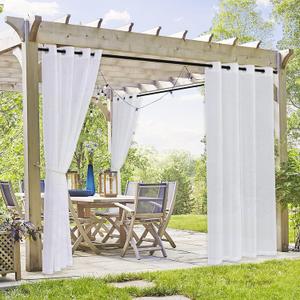 RYB HOME 2 Panels Outdoor Curtains for Patio - Linen Look Semi-Sheer Curtains for Patio Waterproof, Indoor Outdoor Drapes for Gazebo Pergola Balcony Pool Spa, Wide 54 x Long 84 (White)