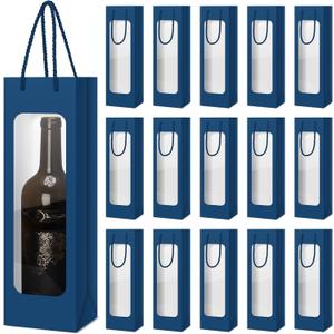 Tioncy 24 Pcs Valentines Day Single Bottle Gift Bag Bulk Wedding Champagne Boxes with Clear Window Handles Reusable Holiday New Year Party Favor (Business Blue)