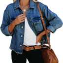 Women's Jean Denim Jacket Classic Trucker Shacket Button Up Frayed Cropped Loose Coats, Small