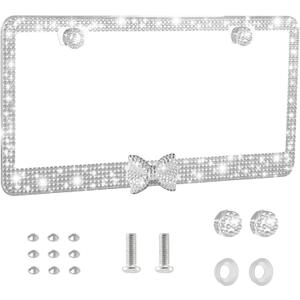 Bling License Plate Frame Rhinestone Stainless Steel Decorative Bow Street Legal Anti Theft Screws Easy Install Car Accessories for Women (White Frame + White Bow) (1P)