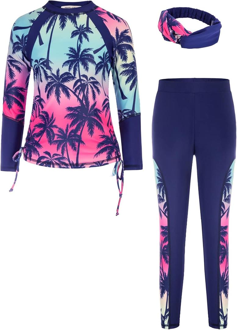 GRACE KARIN Girls Long Sleeve Swimsuit Two Piece Rashguard Floral Swimwear 6-14Y (8 Years, Tree)