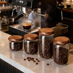 1 Pack,Glass Food Storage Container with Wooden Lids Coffee Jar Sugar Canister Airtight Food Storage Container Coffee Container for Nut Spice Candy Loose Tea