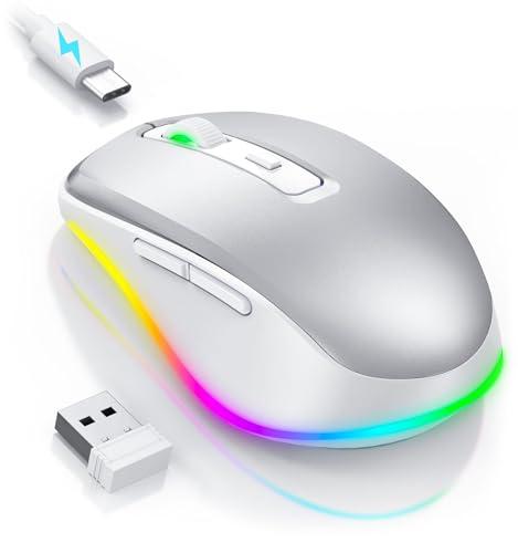 Wireless Mouse Jiggler - LED Wireless Mice with Build-in Mouse Mover, Rechargeable Moving Mouse for Laptop with Undetectable Random Movement Keeps Computers Awake - Silver