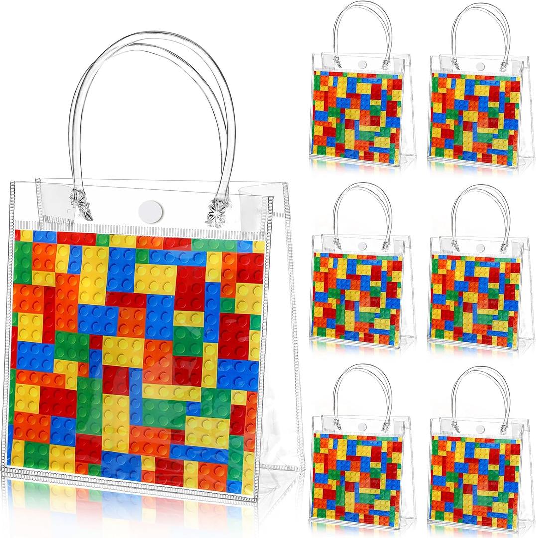 Teenyyou 24 Pcs Building Blocks Party Favors Bags Color Bricks PVC Clear Goodie Candy Treat Tote Gift Bags with Handles Building Blocks Theme Birthday Baby Shower Party Supplies