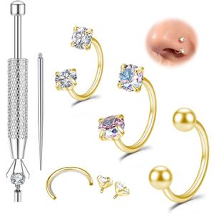 Titanium Horseshoe Nose Ring 20g, Gold Silver Nose Rings Hoops with Double CZ Gems Hypoallergenic Septum Ring for Women Men, Small Cartilage Helix Tragus Daith Labret Piercing Jewelry 7mm 8mm 9mm