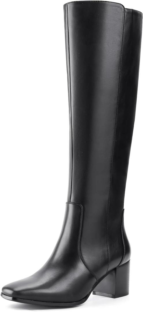 Shoe'N Tale Women's Knee High Boots Square Toe Mid Chunky Block Heeled Tall Boots Side Zipper (Black)