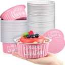 Ziliny 50 Pcs 1lb Christmas Bread Loaf Pans with Lids Pink Aluminum Loaf Pans Xmas 580ml Mini Round Disposable Baking Cupcake Tin Christmas Containers for Food Packing Gifts