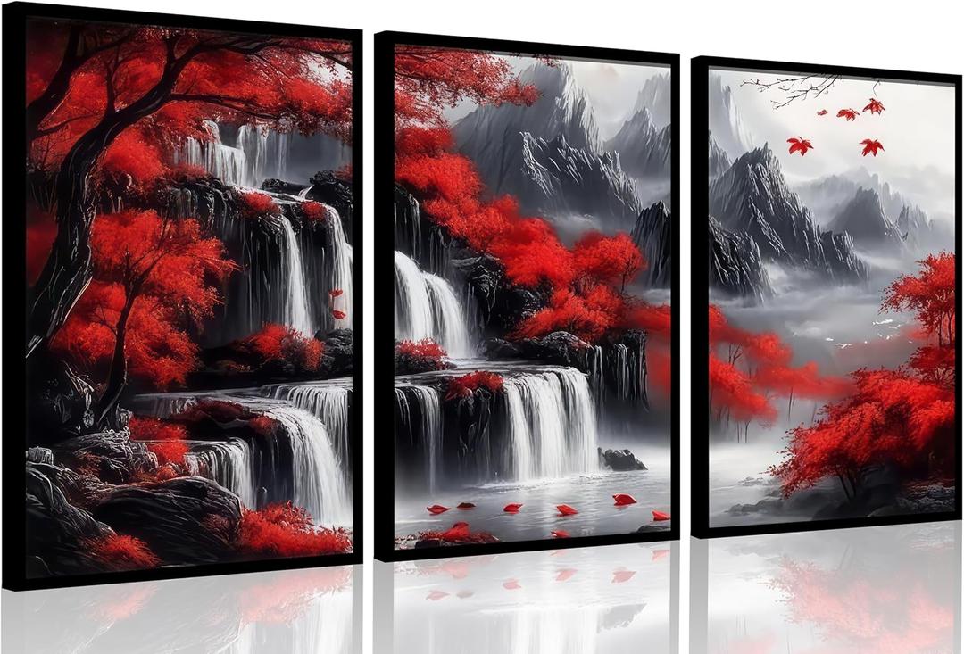 Red Forest Waterfalls Canvas Wall Art Grey Mountains Lake and Red Trees Landscape Pictures Wall Decor Black and White Natural Scenery Poster Painting Prints for Living Room Bathroom Office Decorate (24L''x16W'')