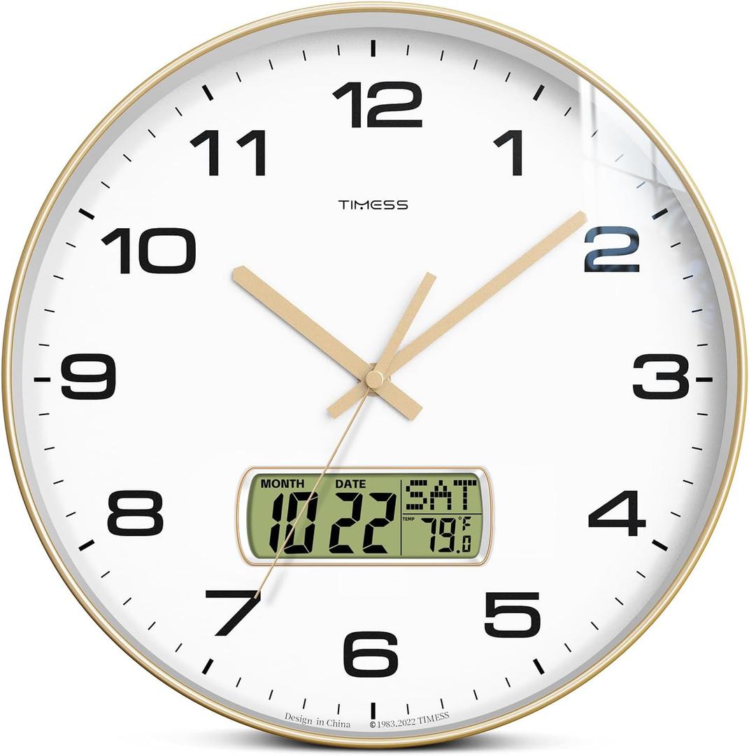Wall Clock, 12" Dial Non-Ticking Silent Battery Operated Analog with LCD Display for Perpetual Calendar and F Temperature, Ideal Modern Home, Bedroom, Kitchen, Office Decor (Gold)