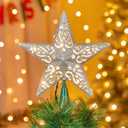 8" Silver Glittered Hollow Christmas Star Tree Topper with Built-in 10-Bulb String Lights and 2 Fuses for Holiday Decor, Green Base