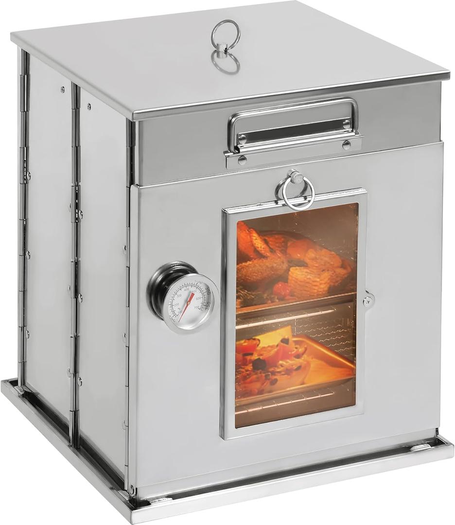 Foldable Camping Oven with 2 Tier Grill, Portable 304 Stainless Steel Camping Stove with Thermometer for Use with Propane Stove and Wood Camping Stoves, Outdoor Cooking, Picnic