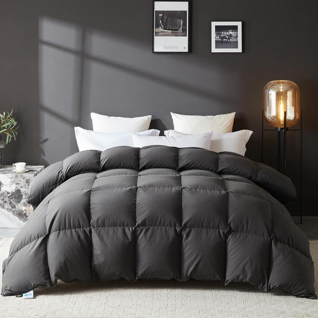 L LOVSOUL Goose Feather Down Fiber Comforter Queen Size, 100% Organic Cotton Fabric Duvet Insert,1200TC,750+Fill Power, Hotel Collection, All Season Grey Bedding Comforters with 8 Tabs, Queen(90x90inches), Grey/All Season