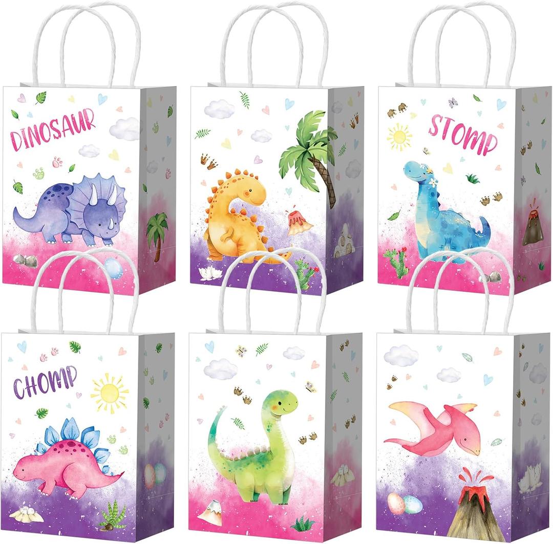 Zhanmai 24 Pcs Pink Dinosaur Party Favors Bags with Handles Purple Dinosaur Gifts Candy Treat Goodie Paper Bags for Gifts Wrapping Dino Birthday Party Supplies Decorations