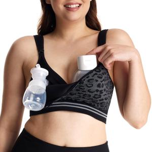 Momcozy Seamless Pumping Bra Hands Free, Fixed Padding Hands-Free Pumping & Nursing Bra, Wireless Comfort Pumping Bra Leopard Black (Medium)