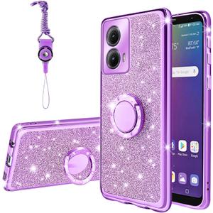 for Moto Edge 5G 2024 Phone Case for Women Girls Glitter Crystal Soft Clear TPU Luxury Bling Cute Protective Cover with Kickstand Strap for Motorola Moto Edge 5G 2024 (Glitter Purple