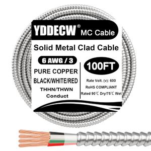 100ft 6/3 Metal Clad (MC) Cable with Ground, 6 Gauge Electric Wire with Aluminum Armor, Solid Bare Copper Conductors for Indoor Outdoor Underground Embedded Installation (6/3, 100 ft)