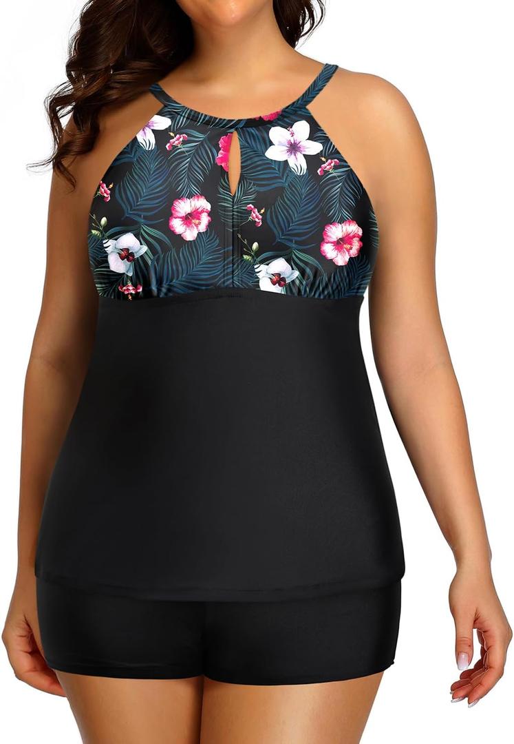 Aqua Eve Women Two Piece Plus Size Tankini Swimsuit with ShortsTummy ControlBathing Suit High Neck Swimwear Black Floral 18W
