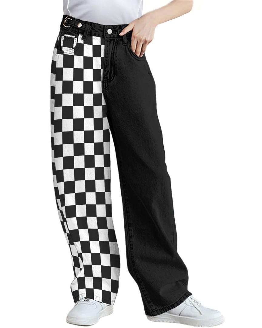 SANGTREE Womens Wide Leg Jeans Elastic Waist Denim Pants Baggy Jeans for Womens Color Block L (Black, L)