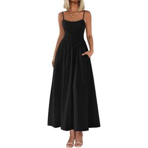 PRETTYGARDEN Women's Smocked Maxi Dresses 2025 Summer Beach Sundress Casual Spaghetti Strap Swing A Line Long Flowy Dress  ( Black, Large)