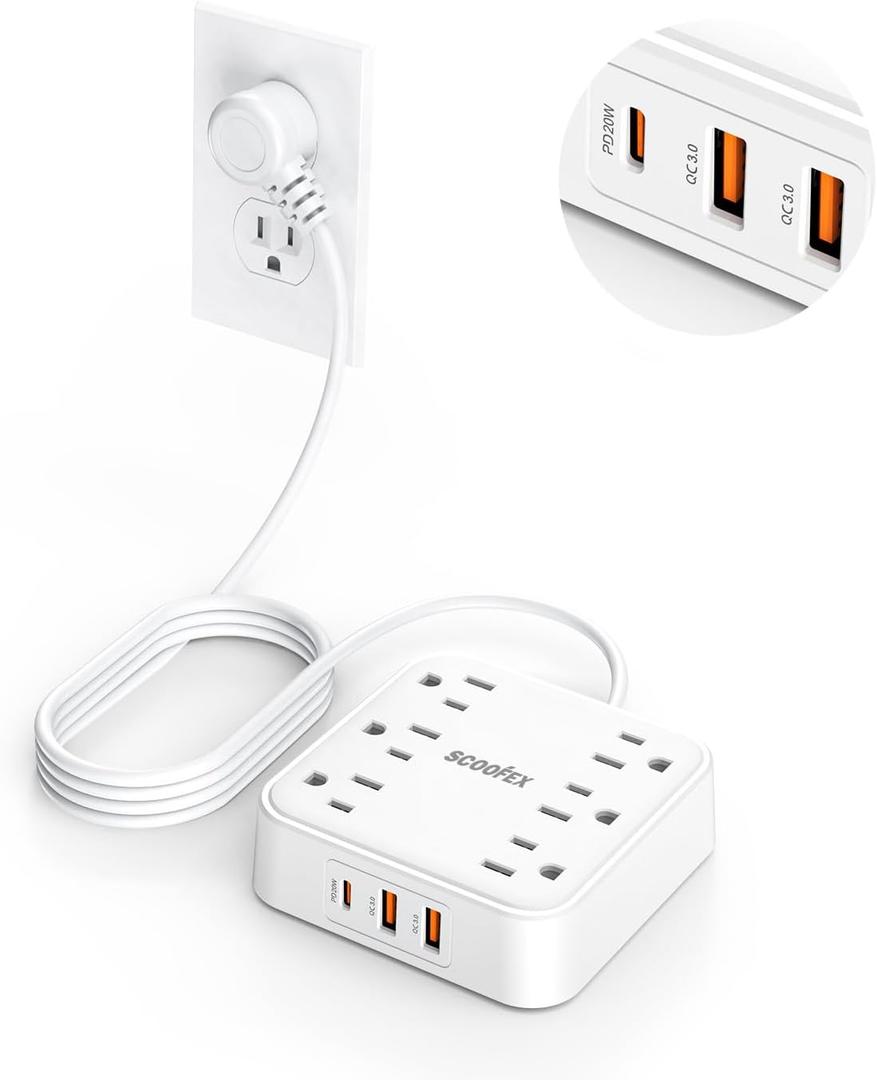 Power Strip with 20W USB Ports, 5 Ft Flat Plug Extension Cord with 6 AC Outlets, 3 USB Ports (1 USB C), Desk Wall Fast Charger, Non Surge Protector for Office, Dorm, Travel, Cruise Ship Essentials