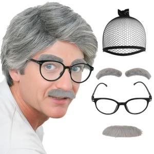 4 Pcs Set Old Men Wig (2 Eyebrows+1 Mustache+1 Glasses+1 Wig Cap) 100 Days of School Wigs Grandpa Costume Accessory Kit Short Sliver Grey Hair Wigs Men for Costume Halloween Party+Hair Cap (gray)
