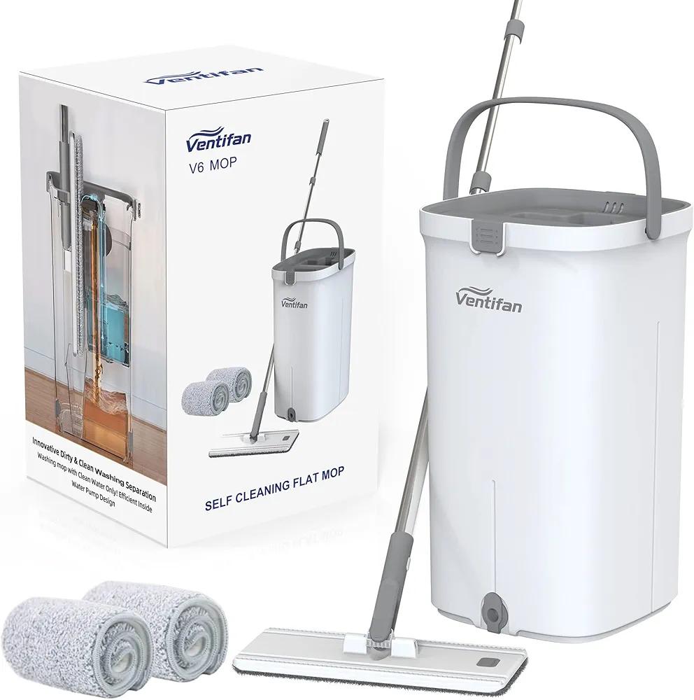 Ventifan Flat Mop and Bucket Set, Separates Dirty and Clean Water, Self Cleaning Flat Mops for Floor Cleaning,Wet and Dry Use Flat Mop and Bucket System