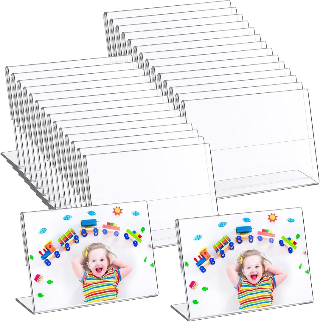 Tuanse 48 Pcs 5 x 3.5 Inch Acrylic Frame, Acrylic Sign Holder Clear Picture Holder Horizontal Display Photo Booth Frame with Slanted Back for Home Office Wedding Birthday