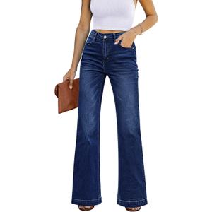 GRAPENT Womens Plus Size Stretch High Waisted Flare Ripped Jeans, 70s Outfits, Jeans Size 12, Wide Leg Pants Color Deep Blue, Size 14