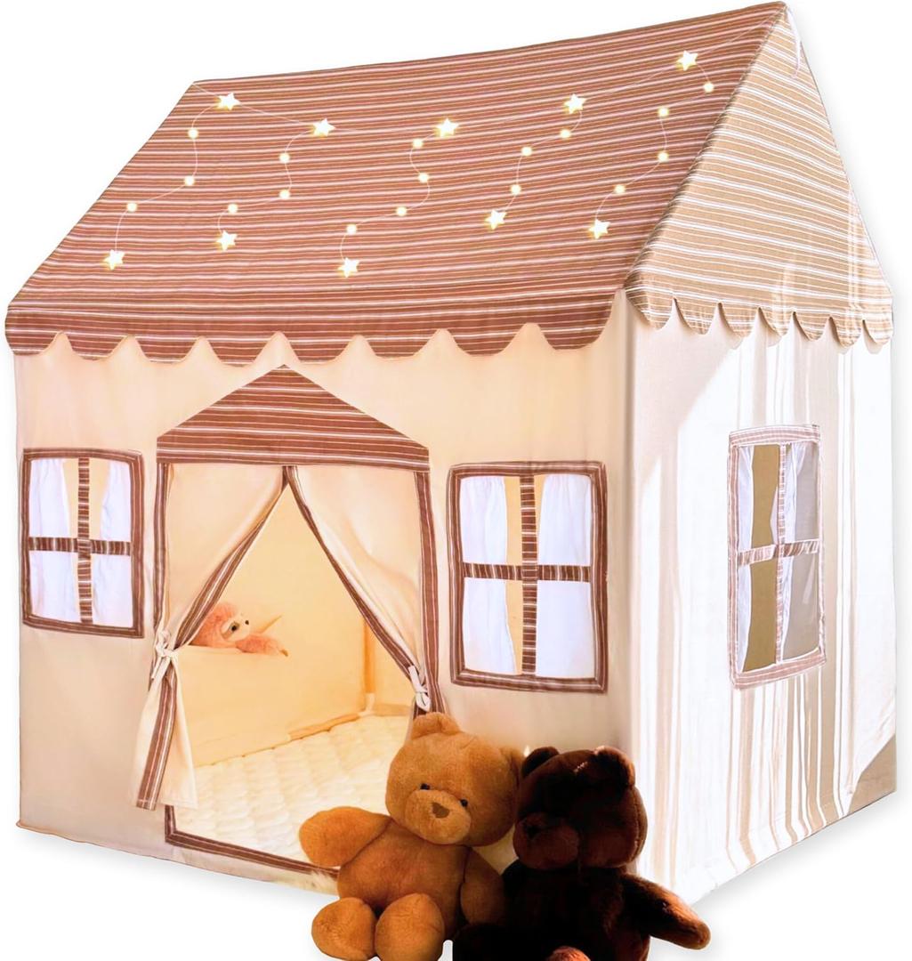 Large Cotton Tent for Kids - 50"x43"x63" Indoor Playhouse with Wooden Frame & Battery Lights, Kids Tent with Carry Bag, 3 Windows & 2 Pockets, CPSC Certified Play House for Girls and Boys