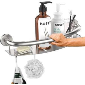 Satin Brushed Nickel Shower Grab Bar w/Storage Shelf 18 Inch, Zepolu Stainless Steel 2in1 Shampoo Shelf Grab Bar, Wall Mount Safety Balance Bar for Bathroom Support Handrail Assist Handle for Senior