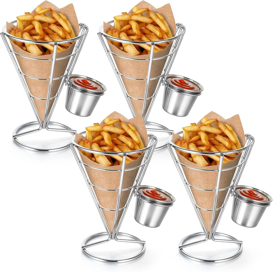 4 Pack French Fry Holder, French Cone Fries Basket with Sauce Cup, Metal Wire French Fries Holder for Kitchen, Restaurant Buffet, Picnic Party, Buffet Dinner, Home Parties