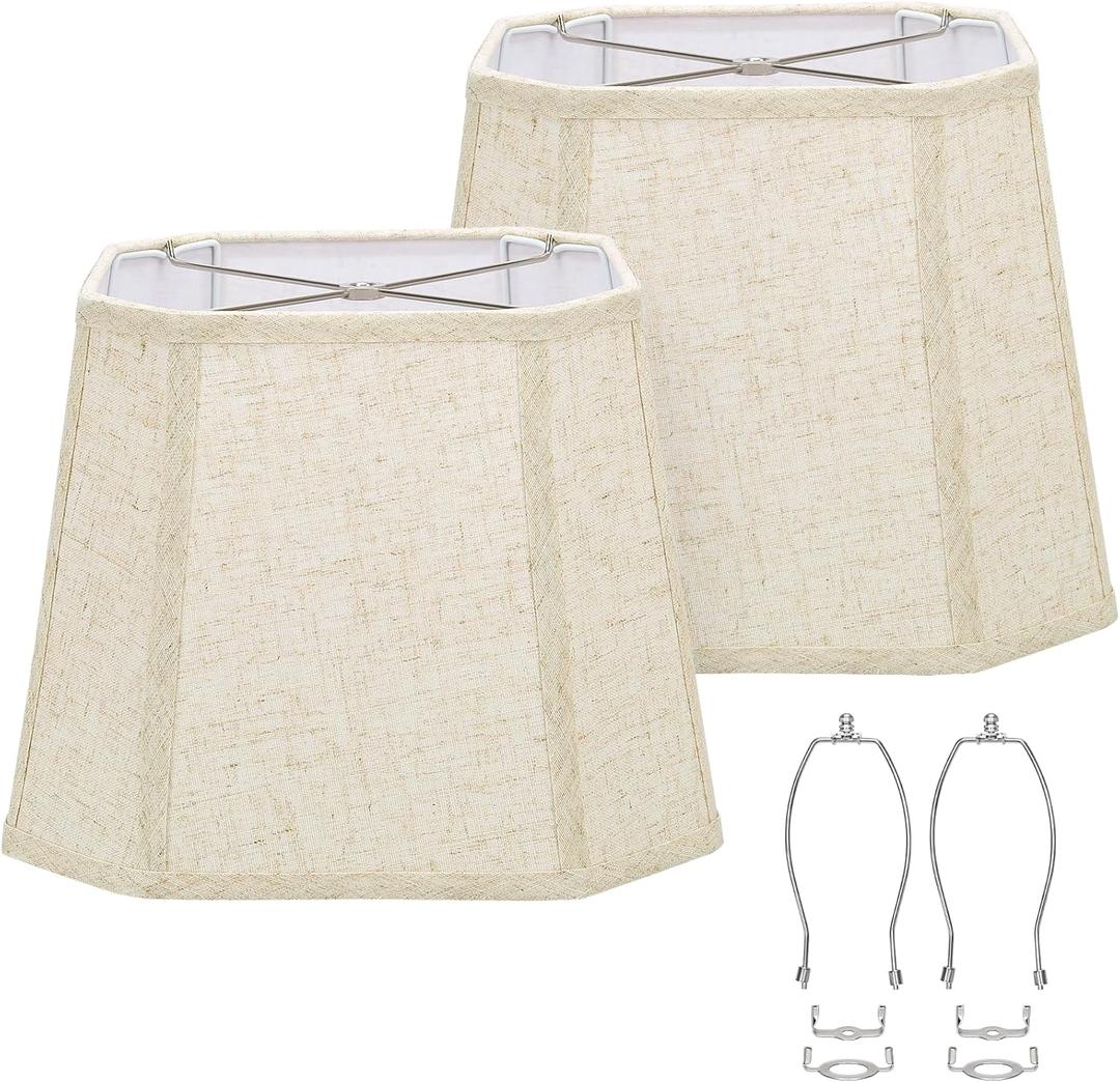Rectangle Lamp Shades Set of 2, 10.5" x 10"x 13" Medium Cut Corner Beige Lampshades Natural Linen Hand Crafted, Include 2 Pack Lamp Harps, Suitable for E26 Base and Saddle Base, Easy Assembly Required