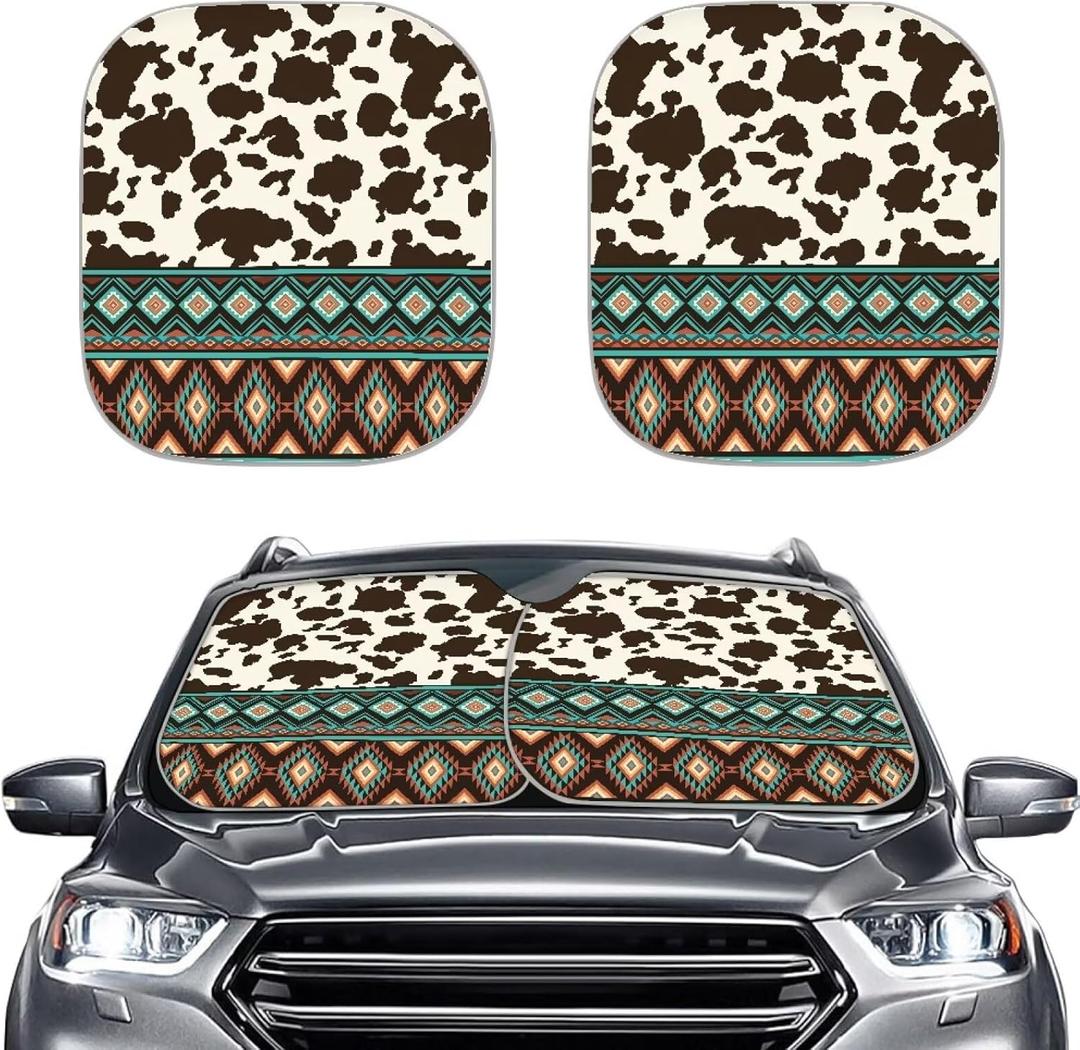 Aztec Cow Print Car Sun Shade for Windshield Foldable Sunshade Front Window Cover Sun Visor Heat and UV Rays That Keeps Vehicle Cool Universal Vehicle Accessories 28.5 x 25.5 inches