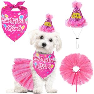 SCENEREAL Dog Birthday Bandana with Hat and Dress Girl Set, Puppy Birthday Party Supplies, Cute Pink Tutu Skirt Outfit for Small Dogs, S