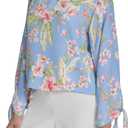 Halston Women's Long Tie Sleeve Floral Printed Boat Neck Blouse (Blue, L)